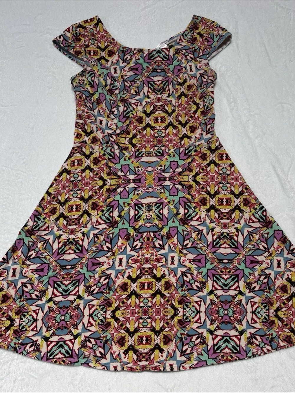 Multicolored Geometric Midi Dress with Cap Sleeves